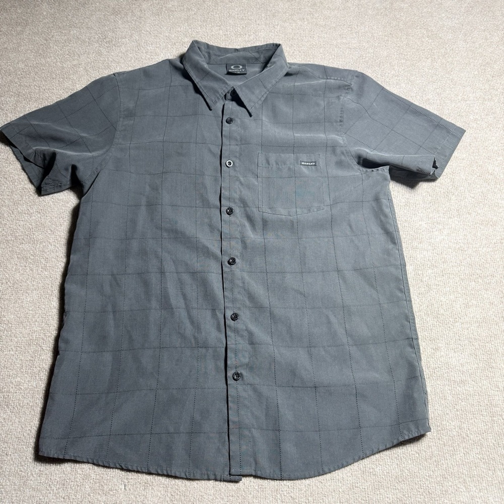 Oakley Mens Large Gray Grid Textured Short Sleeve Button Down Shirt Pocket Logo